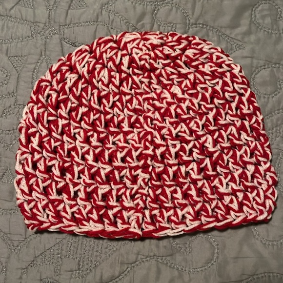 Handmade Adult Unisex Red, White Crochet Beanie Hat - Picture 2 of 5